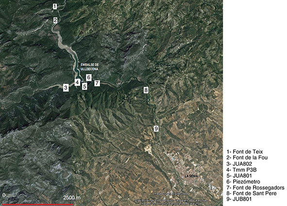 Localización de los puntos de control de calidad del agua del embalse de Ulldecona de la red de puntos de aforo de la Confederación Hidrográfica del Júcar (Mapa base: Google Earth-Institut Cartogràfic de Catalunya)